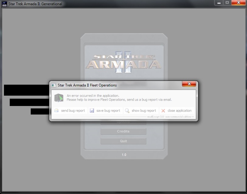 Here's What Happens When STA2_Generational crashes, this is from clicking on Instant Action. As you can see the game and the box for getting to, saving, and sending a bug report has also frozen and won't work..jpg